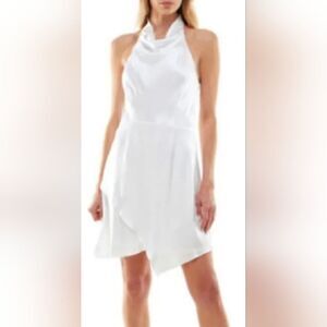 Socialite Cowl Halter Mini Satin Faux-wrap Dress White Large Nwot